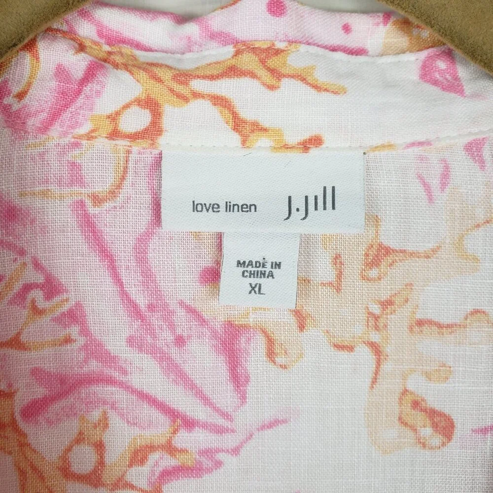 J Jill Love Linen Button Up Shirt Pink Orange Coral Turtle Long Sleeve Size XL - Picture 4 of 8